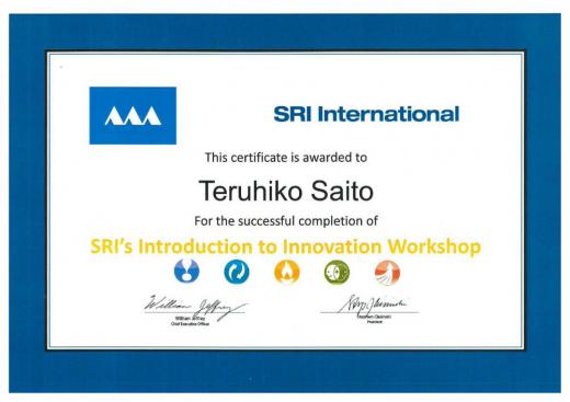 ECOVENT代表がSRI Internationaiの Introduction to Innovation Workshopを履修しました。/