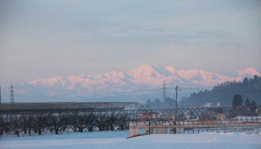 朝日に染まる飯豊山 ちょうど朝日が昇る頃に梨郷地区から見える雪を抱いた飯豊山がピンク色に染まってとても神々しく見えました まだ残雪というには早いのかもしれませんが早春も風景です /