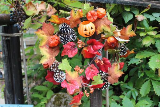 とても素敵なリース秋色の「ハロウィンリース」とでもいうのでしょうか目にとまりました 残念ながら我が家の玄関ではありませんが我が家にある草花で創ってみようかななんて思っています その時はこのブログで紹介します/