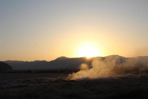 初霜初氷の朝です この秋一番の寒さでしょうか朝日が昇るのを待つ間に手がかじかんで思うようにシャッターがきれませんでした 霜の降りた田んぼ もみ殻を焼き立ち上る煙 どれもが初冬を思わせる風景です 今週中ごろには雪の予報が出ています いよいよ冬がやってきます/