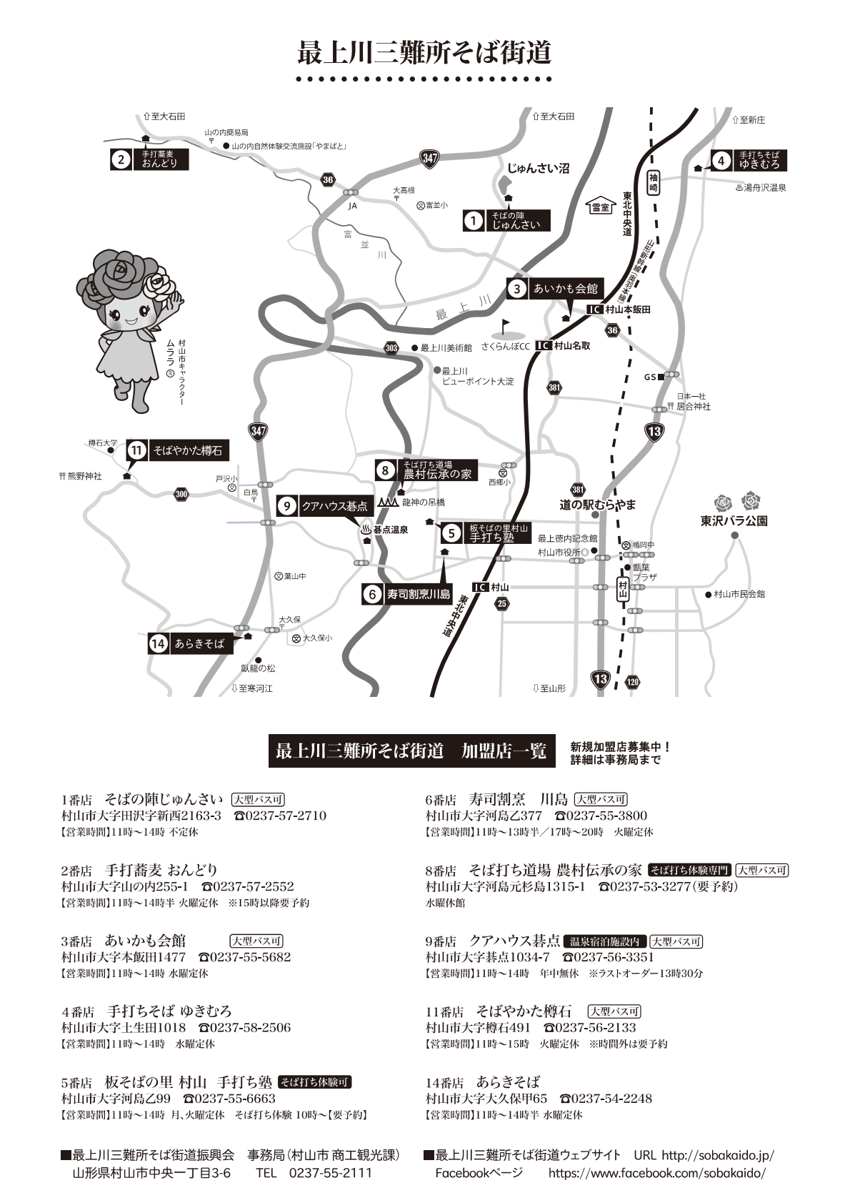 最上川三難所そば街道の加盟店が示されたイラストマップ